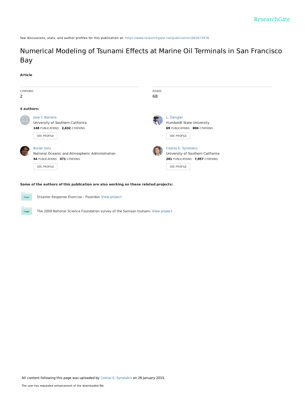 Numerical Modeling of Tsunami Effects at Marine Oil Terminals in San Francisco Bay