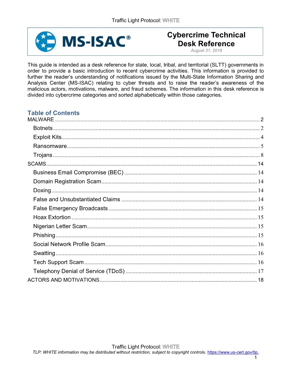 Cybercrime Technical Desk Reference August 31, 2018