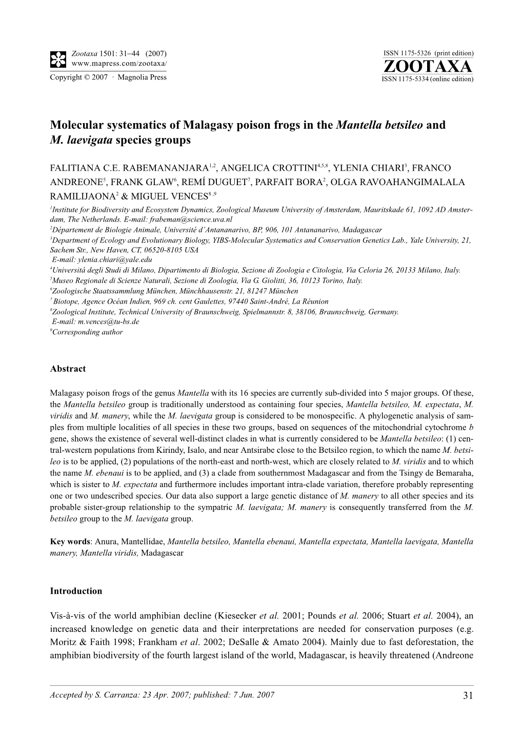 Zootaxa,Molecular Systematics of Malagasy Poison Frogs in The