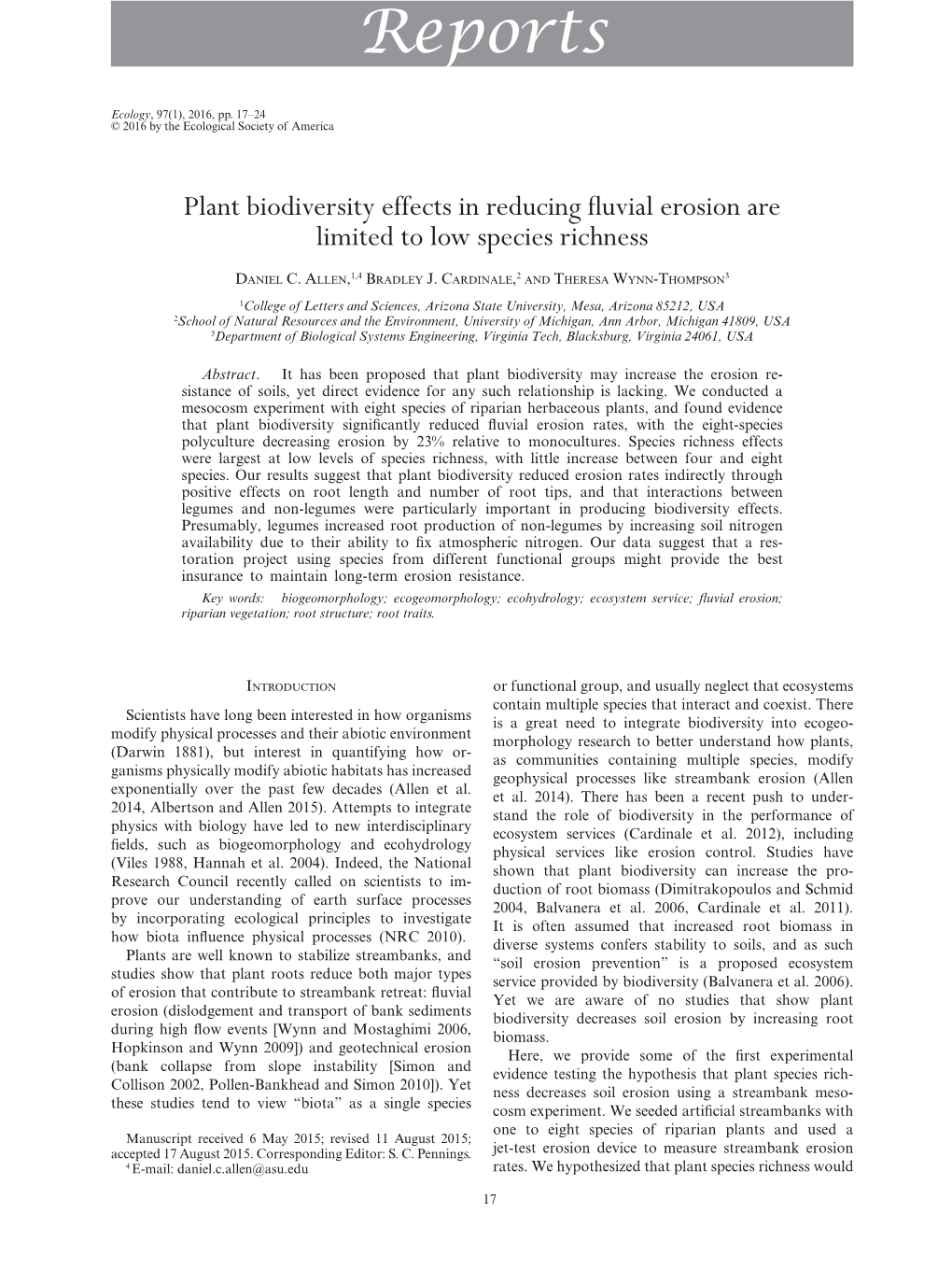 Plant Biodiversity Effects in Reducing Fluvial Erosion Are Limited to Low