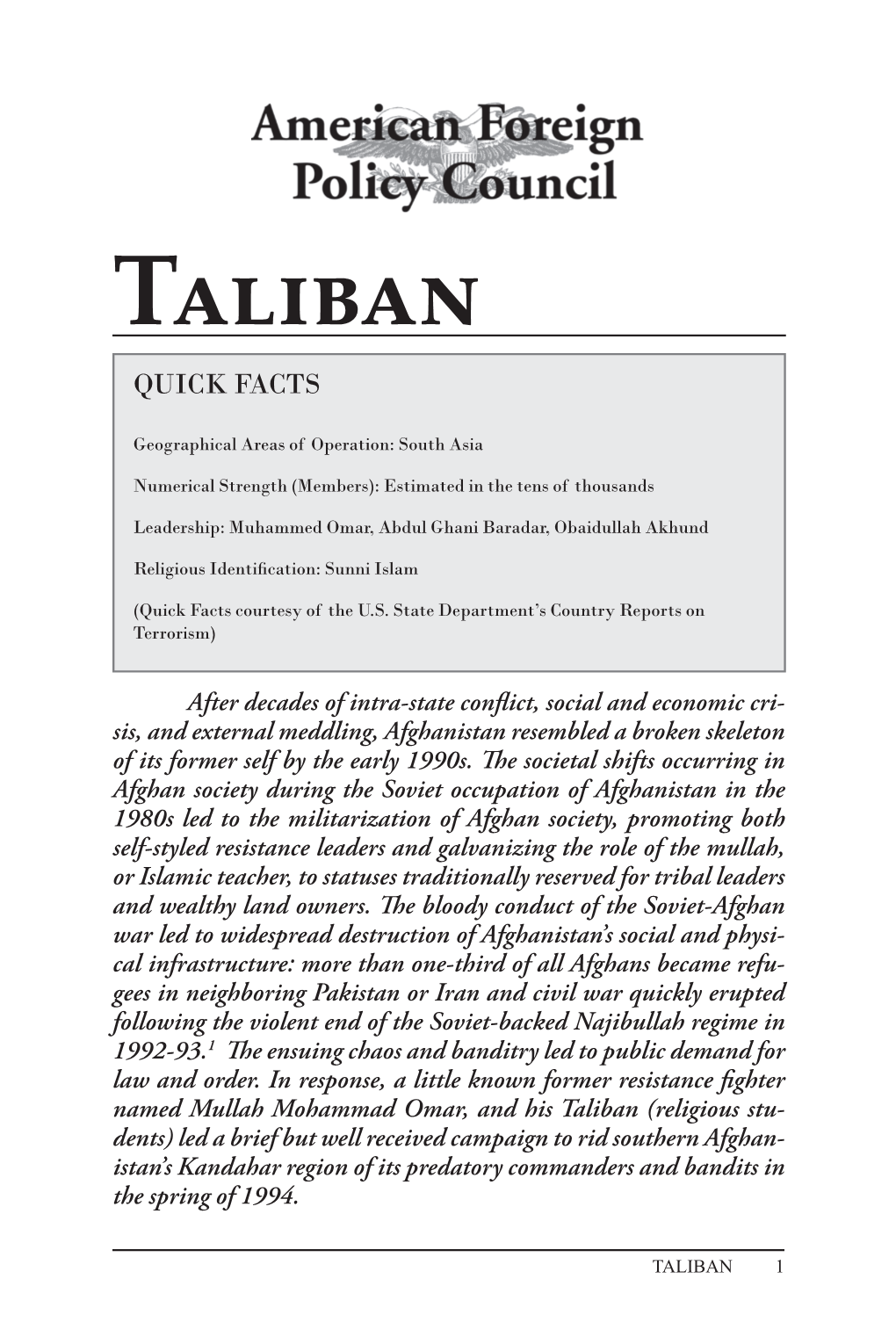 Taliban Quick Facts