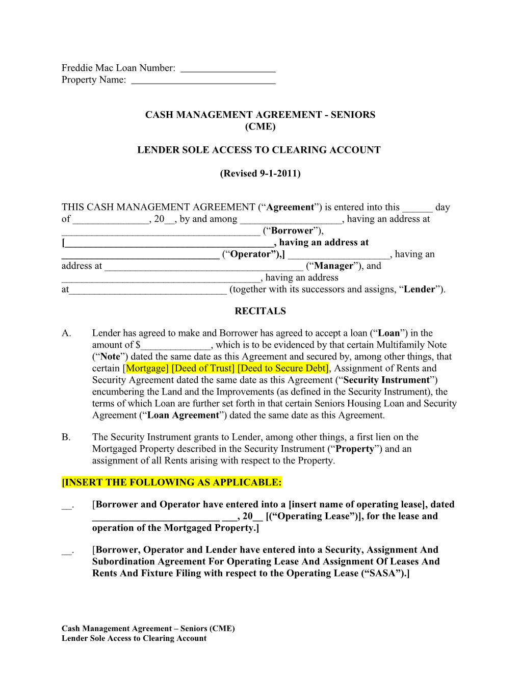 Seniors Cash Management Agreement - CME (01226052-2)