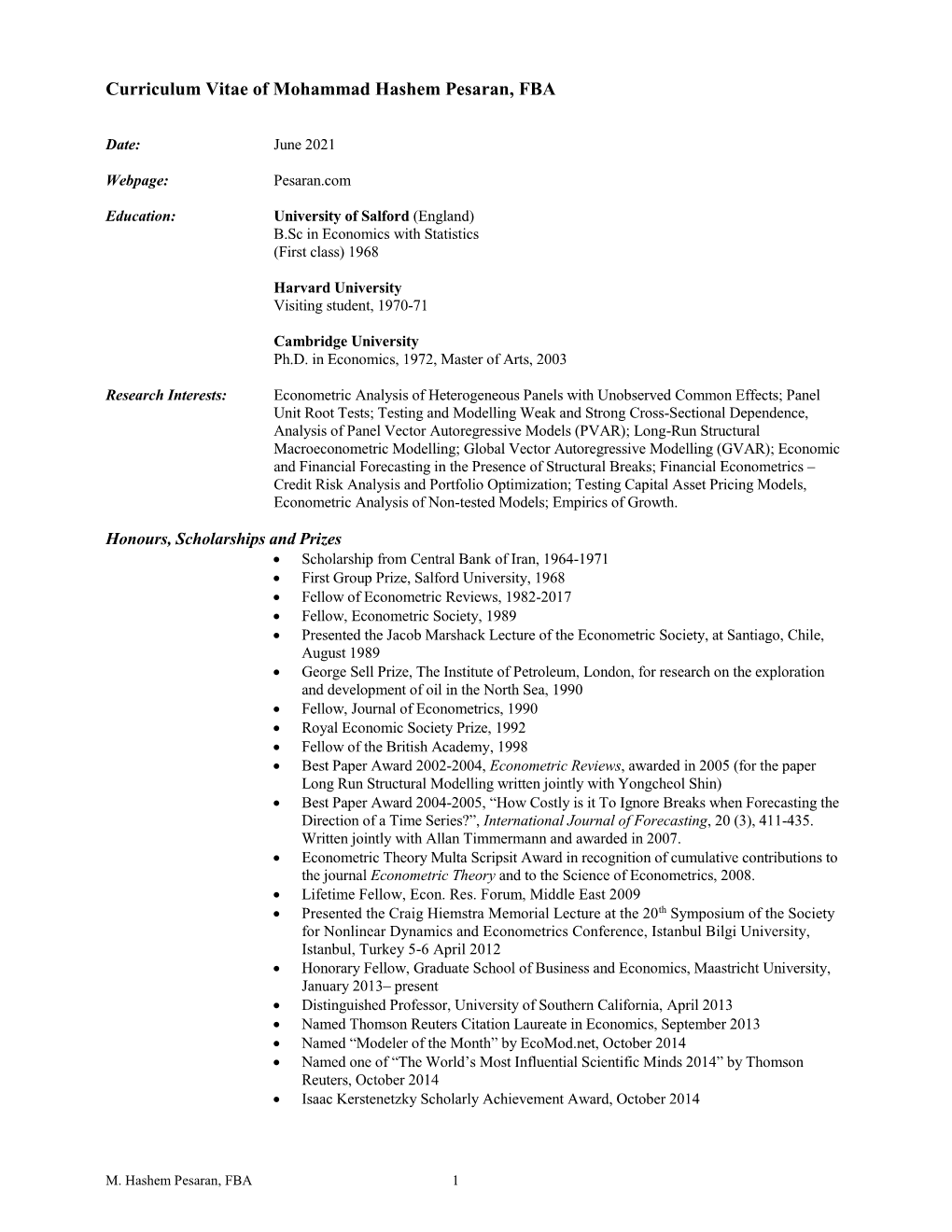 Curriculum Vitae of Mohammad Hashem Pesaran, FBA