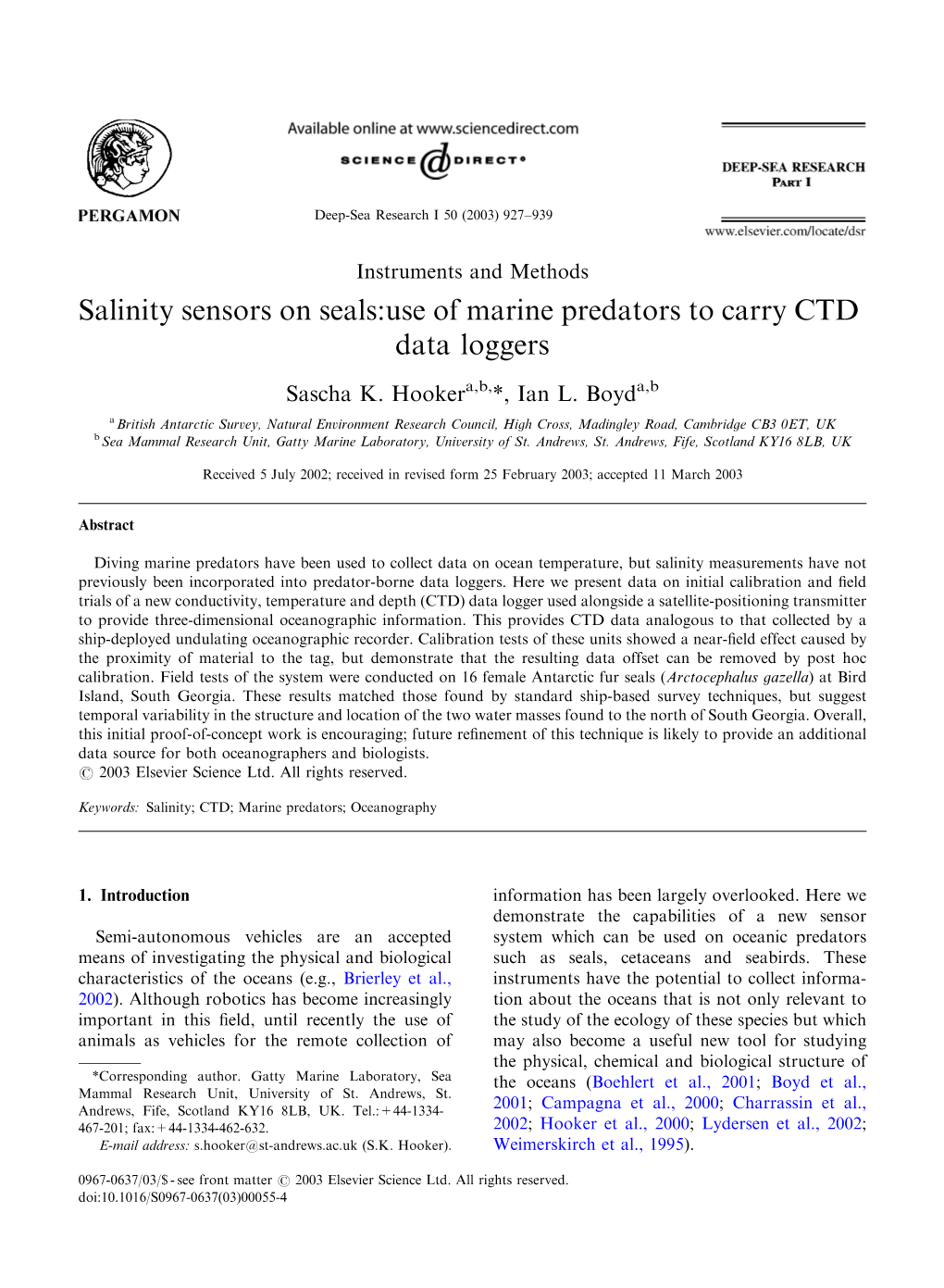 Salinity Sensors on Seals: Use of Marine Predators to Carry CTD Data