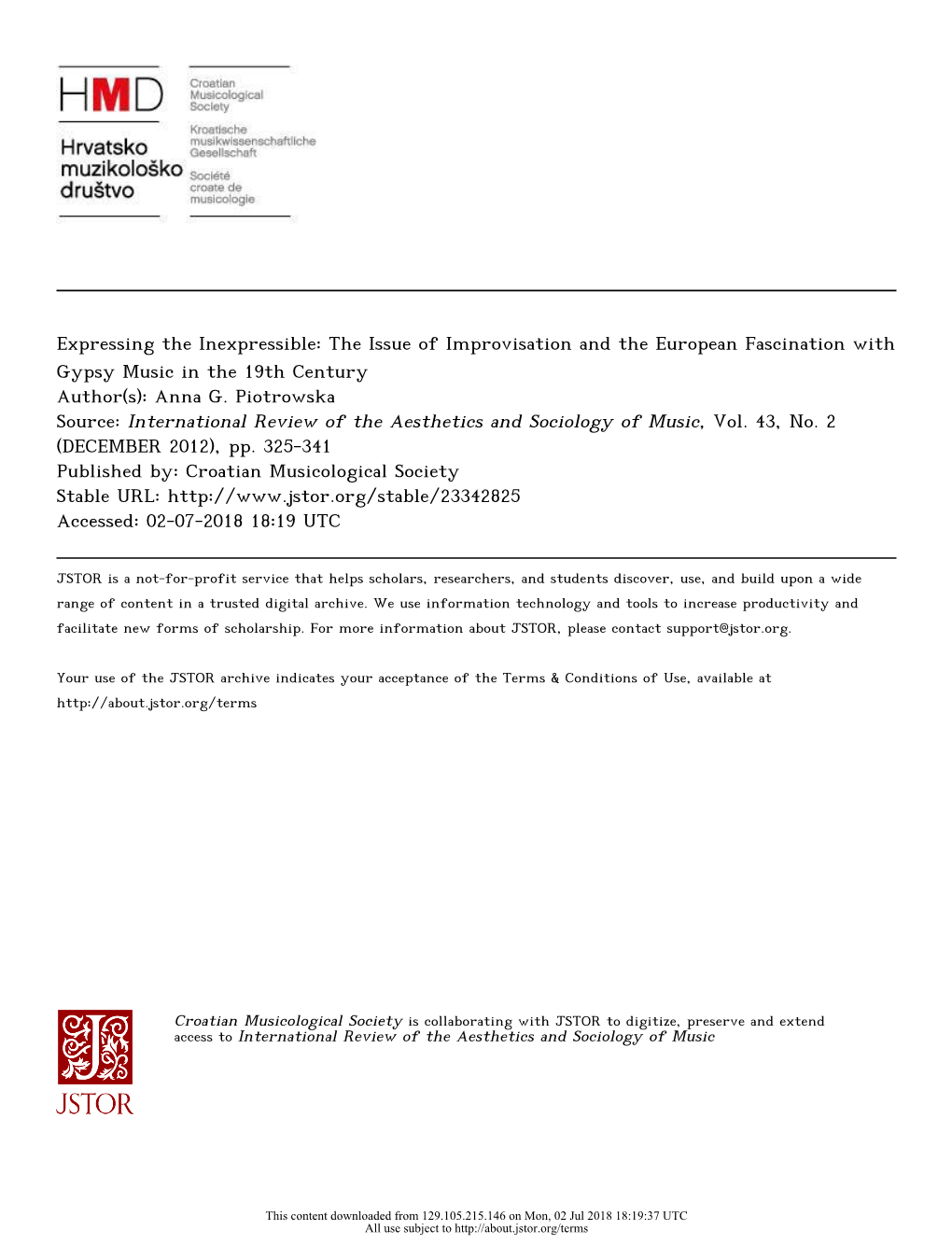 The Issue of Improvisation and the European Fascination with Gypsy Music in the 19Th Century Author(S): Anna G