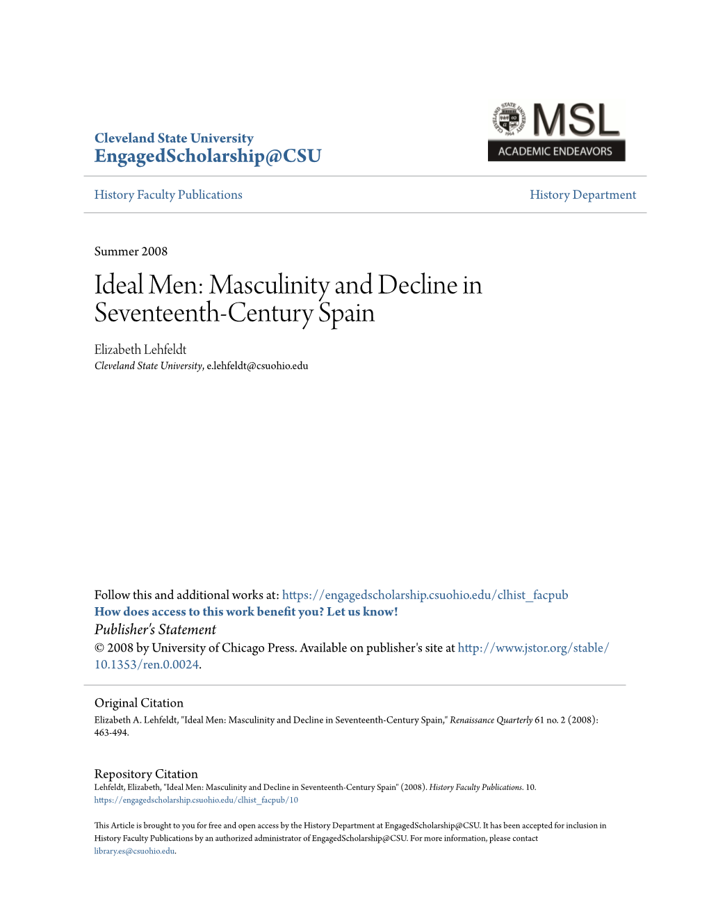 Masculinity and Decline in Seventeenth-Century Spain Elizabeth Lehfeldt Cleveland State University, E.Lehfeldt@Csuohio.Edu