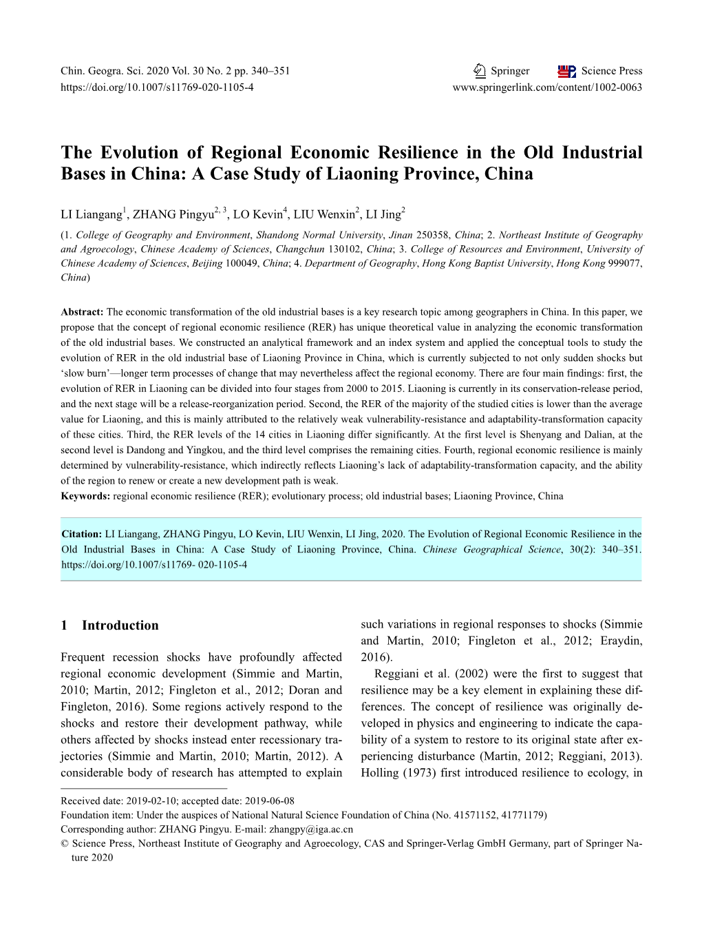 The Evolution of Regional Economic Resilience in the Old Industrial Bases in China: a Case Study of Liaoning Province, China