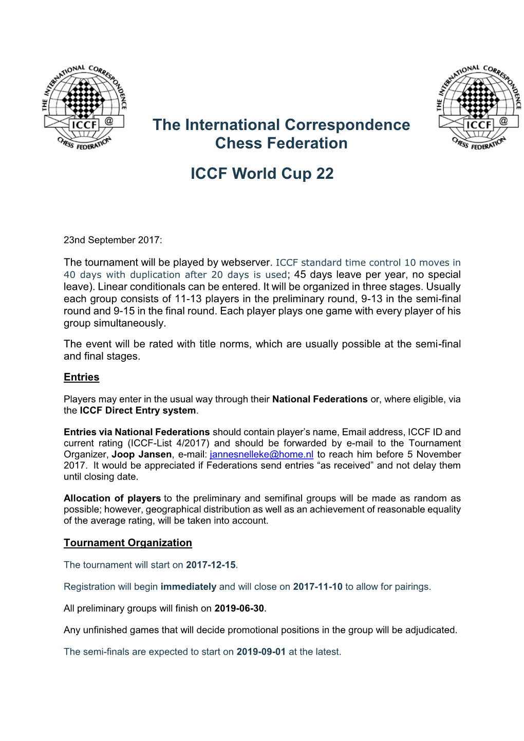 The International Correspondence Chess Federation ICCF World Cup 22