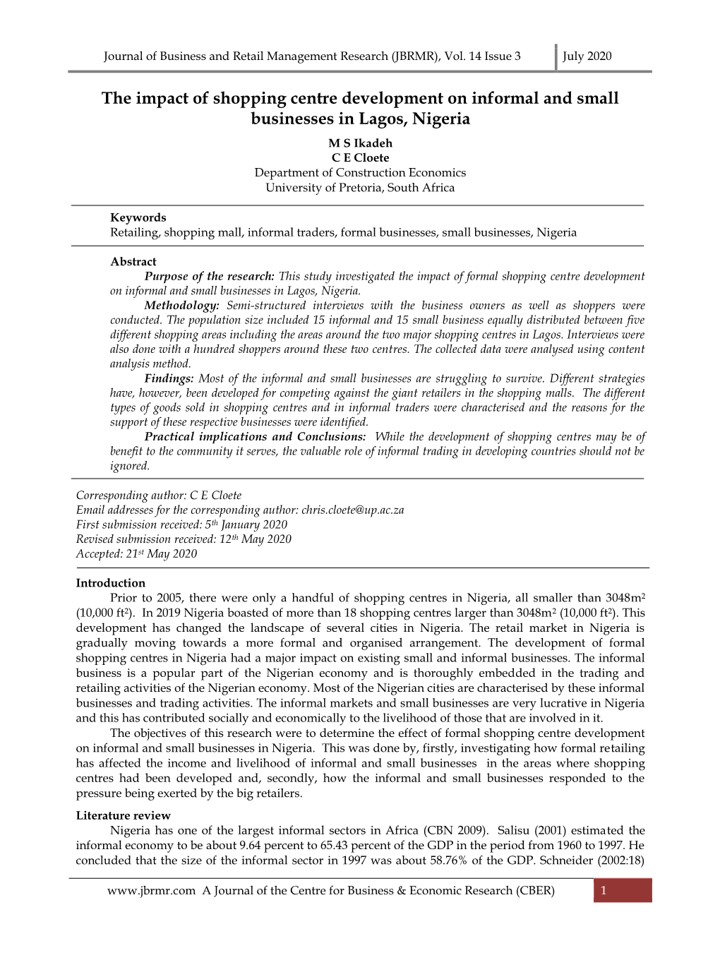 The Impact of Shopping Centre Development on Informal and Small Businesses in Lagos, Nigeria