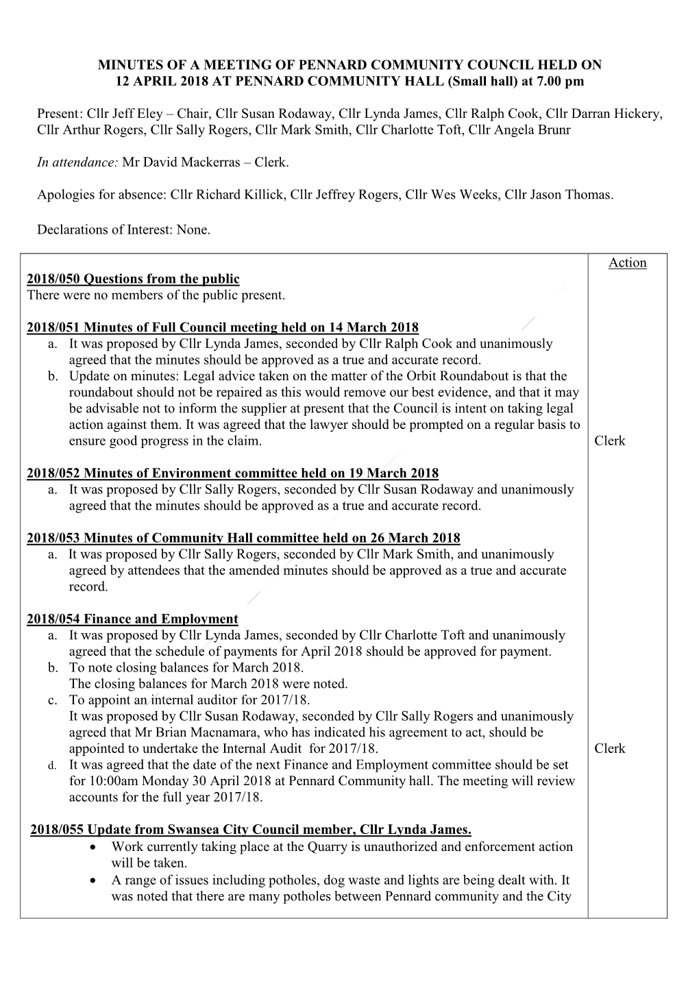 MINUTES of a MEETING of PENNARD COMMUNITY COUNCIL HELD on 12 APRIL 2018 at PENNARD COMMUNITY HALL (Small Hall) at 7.00 Pm