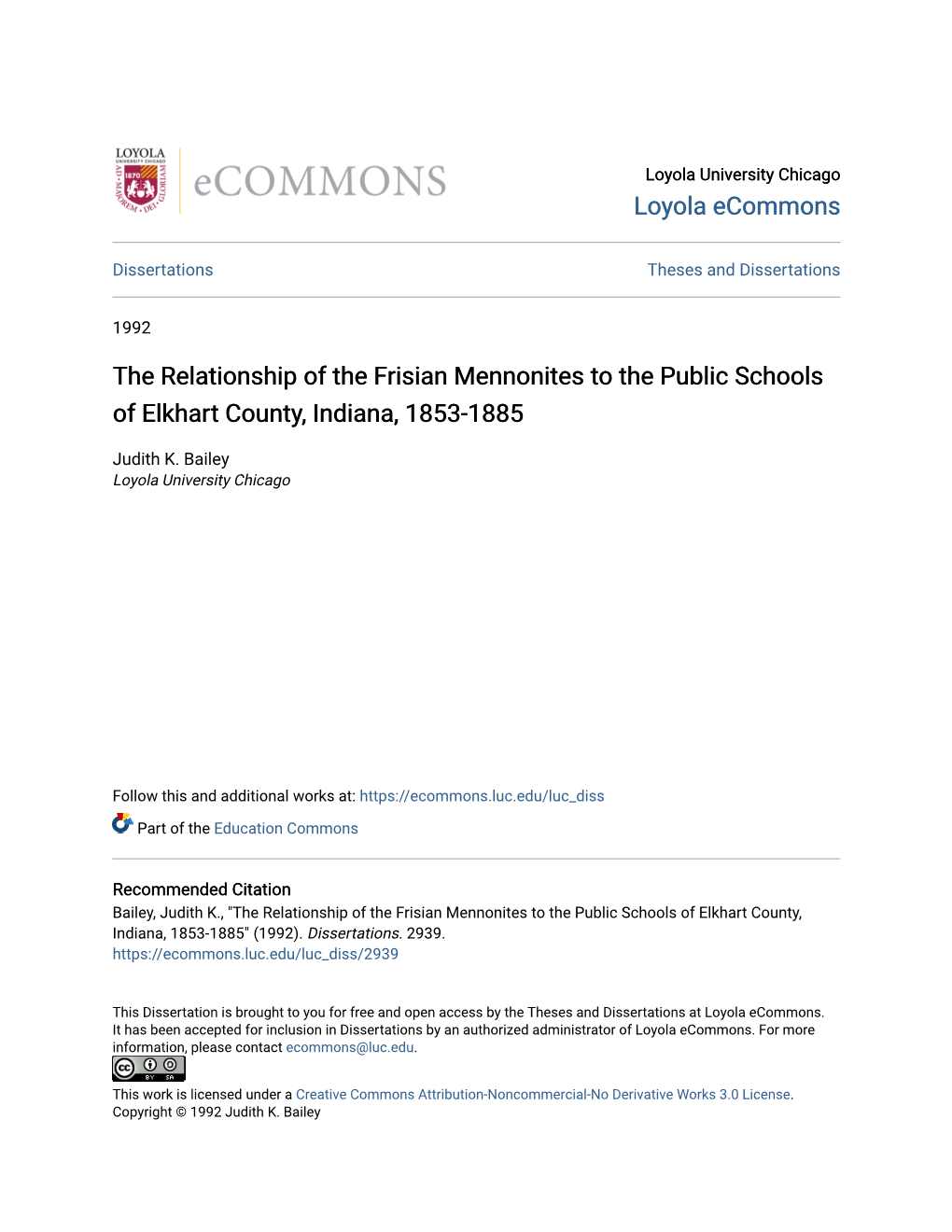 The Relationship of the Frisian Mennonites to the Public Schools of Elkhart County, Indiana, 1853-1885