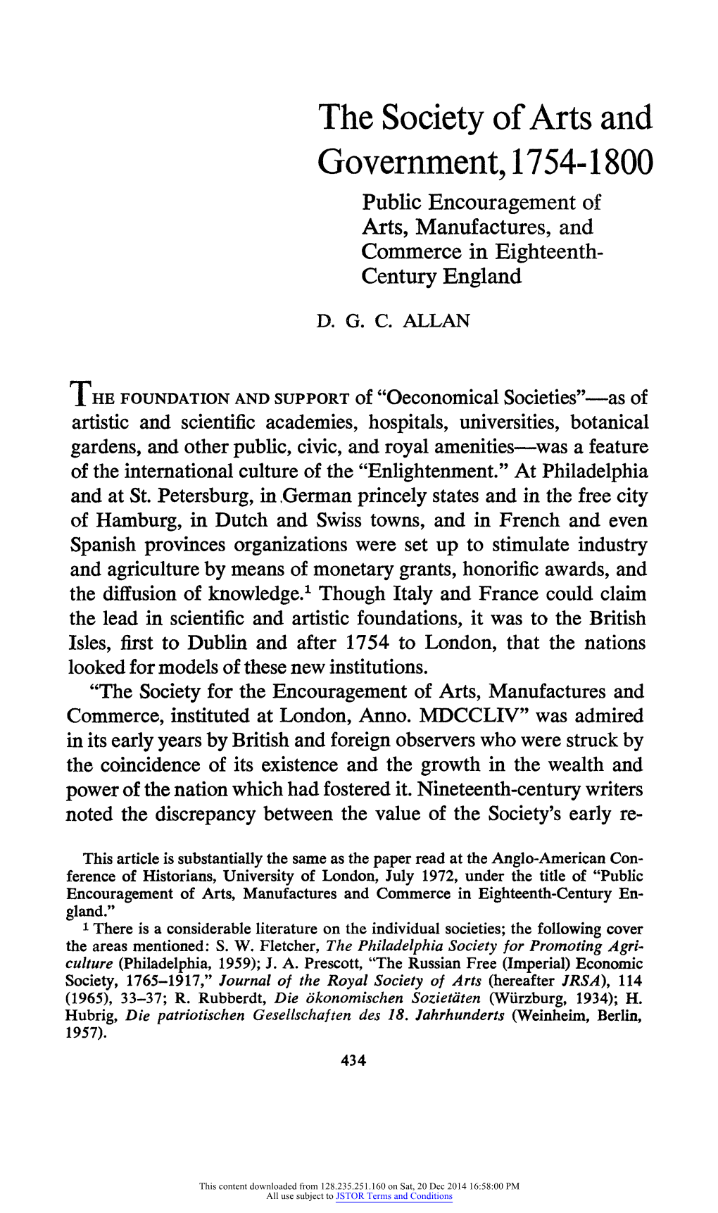 The Society of Arts and Government, 1754-1800