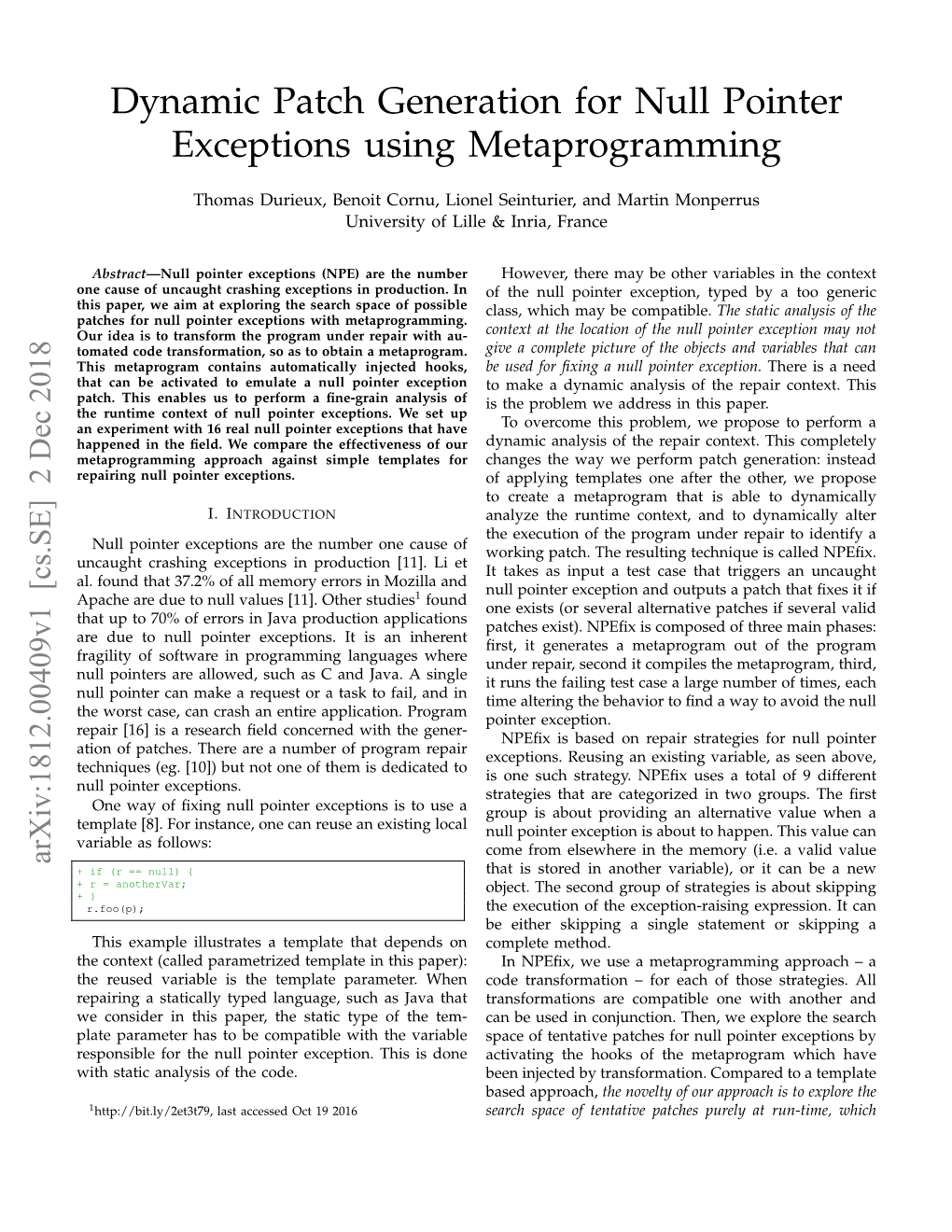 Dynamic Patch Generation for Null Pointer Exceptions Using Metaprogramming
