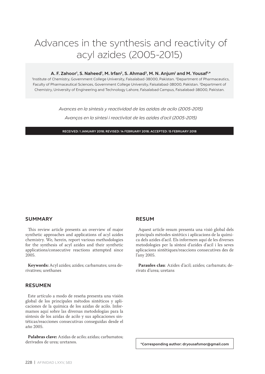 Advances in the Synthesis and Reactivity of Acyl Azides (2005-2015)