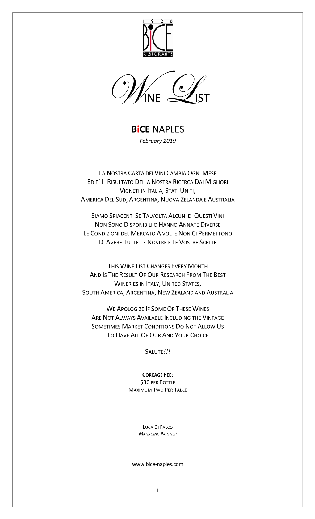 WINE LIST Bice NAPLES February 2019