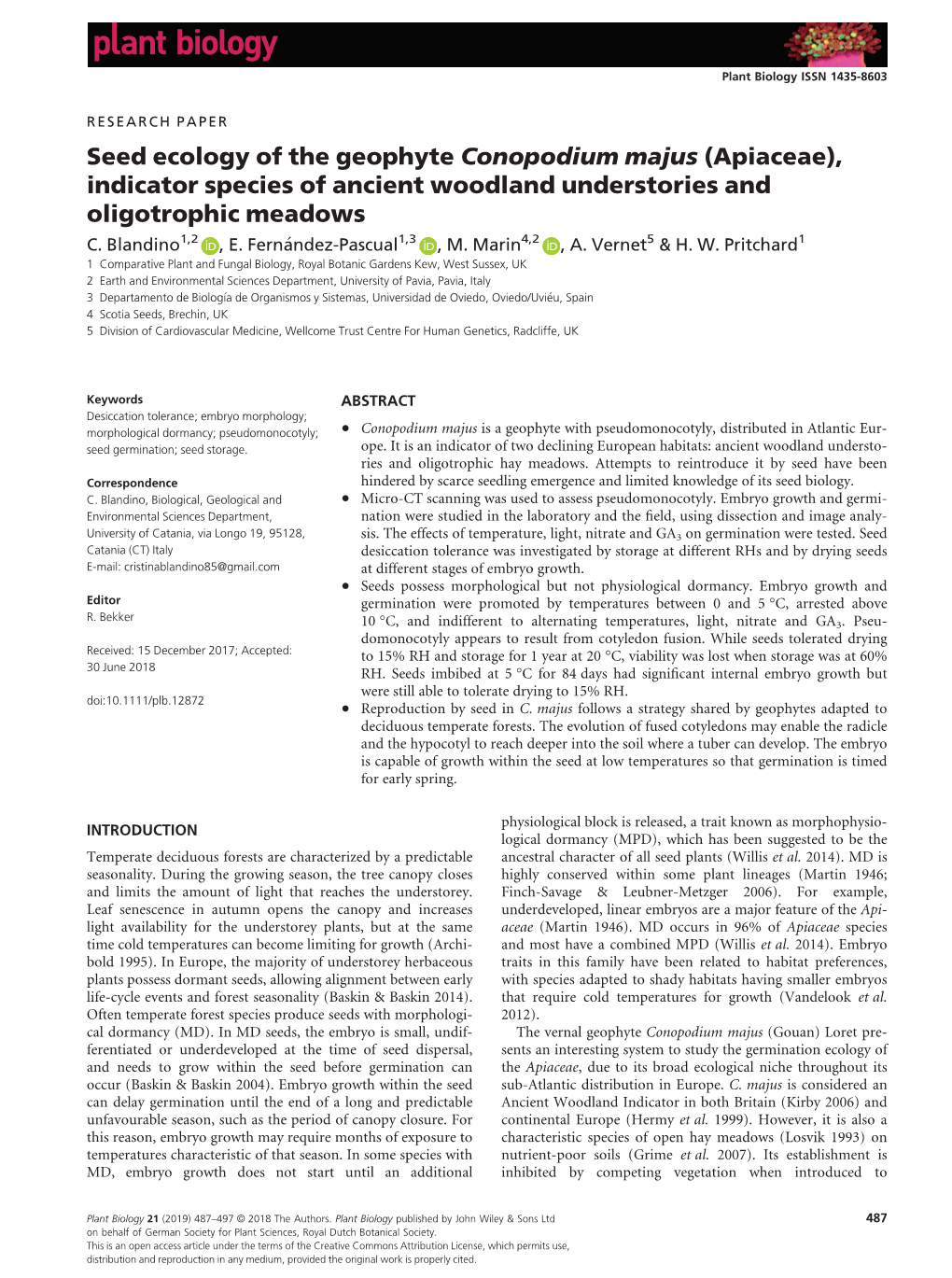 Seed Ecology of the Geophyte Conopodium Majus (Apiaceae), Indicator Species of Ancient Woodland Understories and Oligotrophic Meadows C