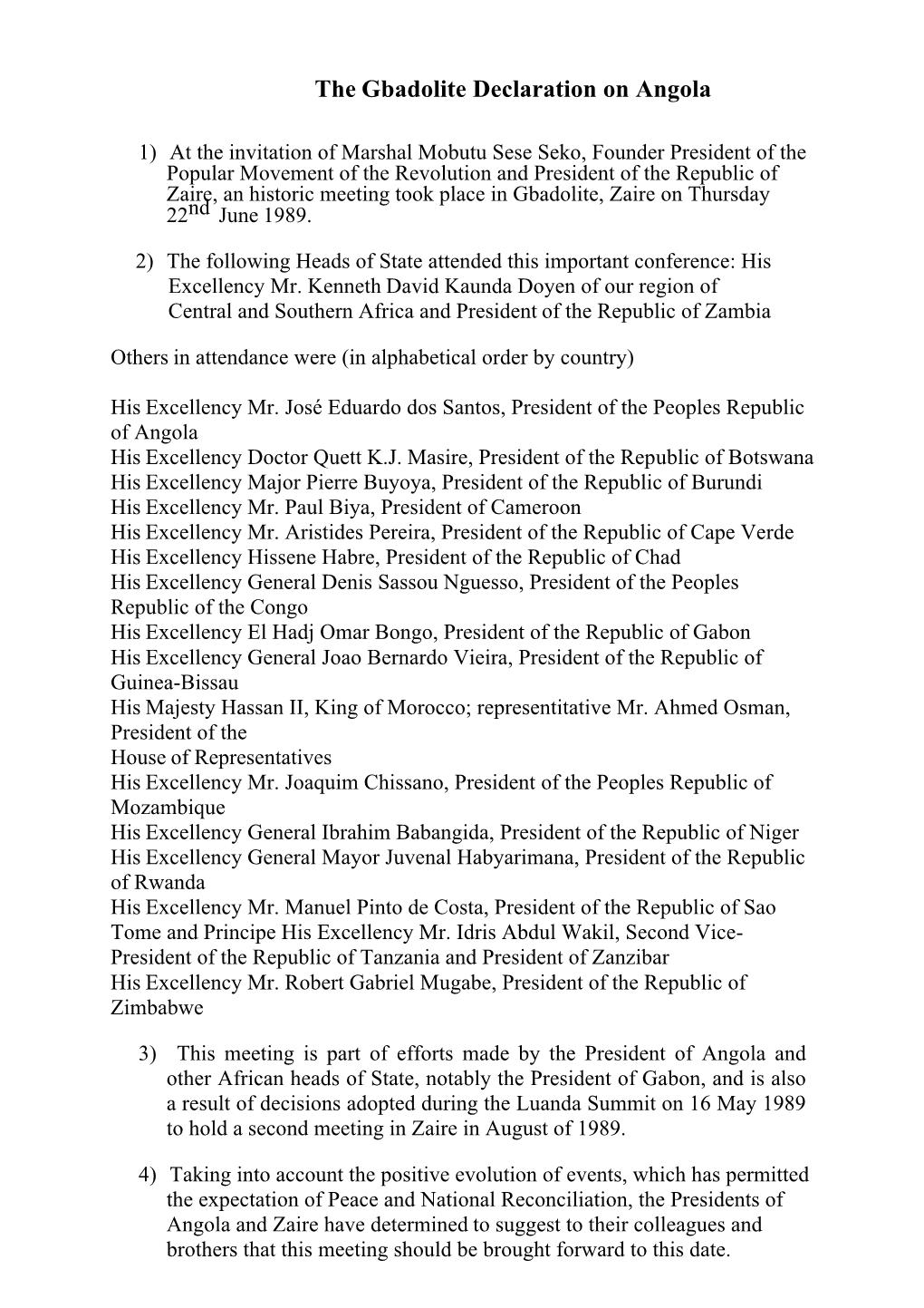 The Gbadolite Declaration on Angola