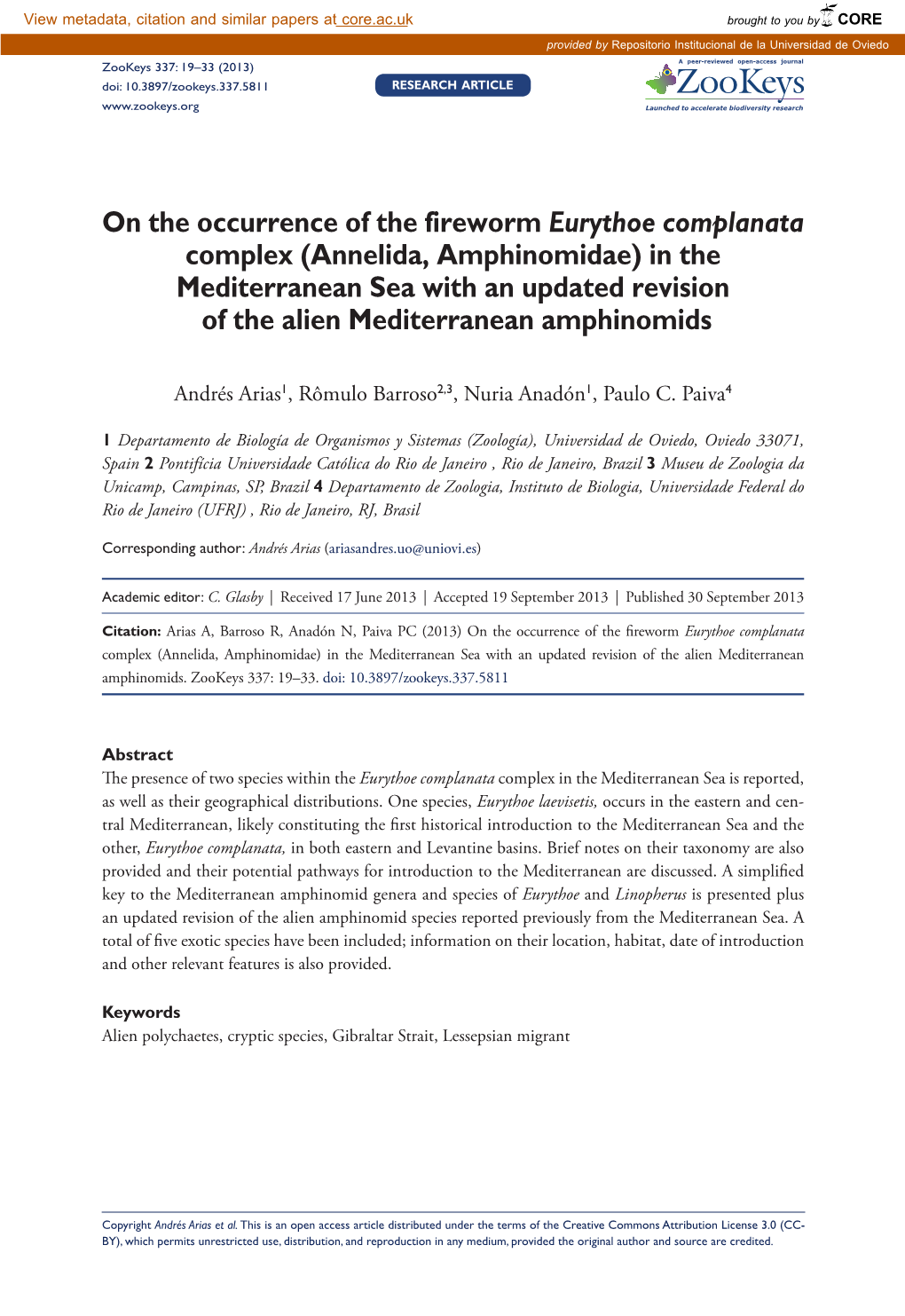 Annelida, Amphinomidae) in the Mediterranean Sea with an Updated Revision of the Alien Mediterranean Amphinomids