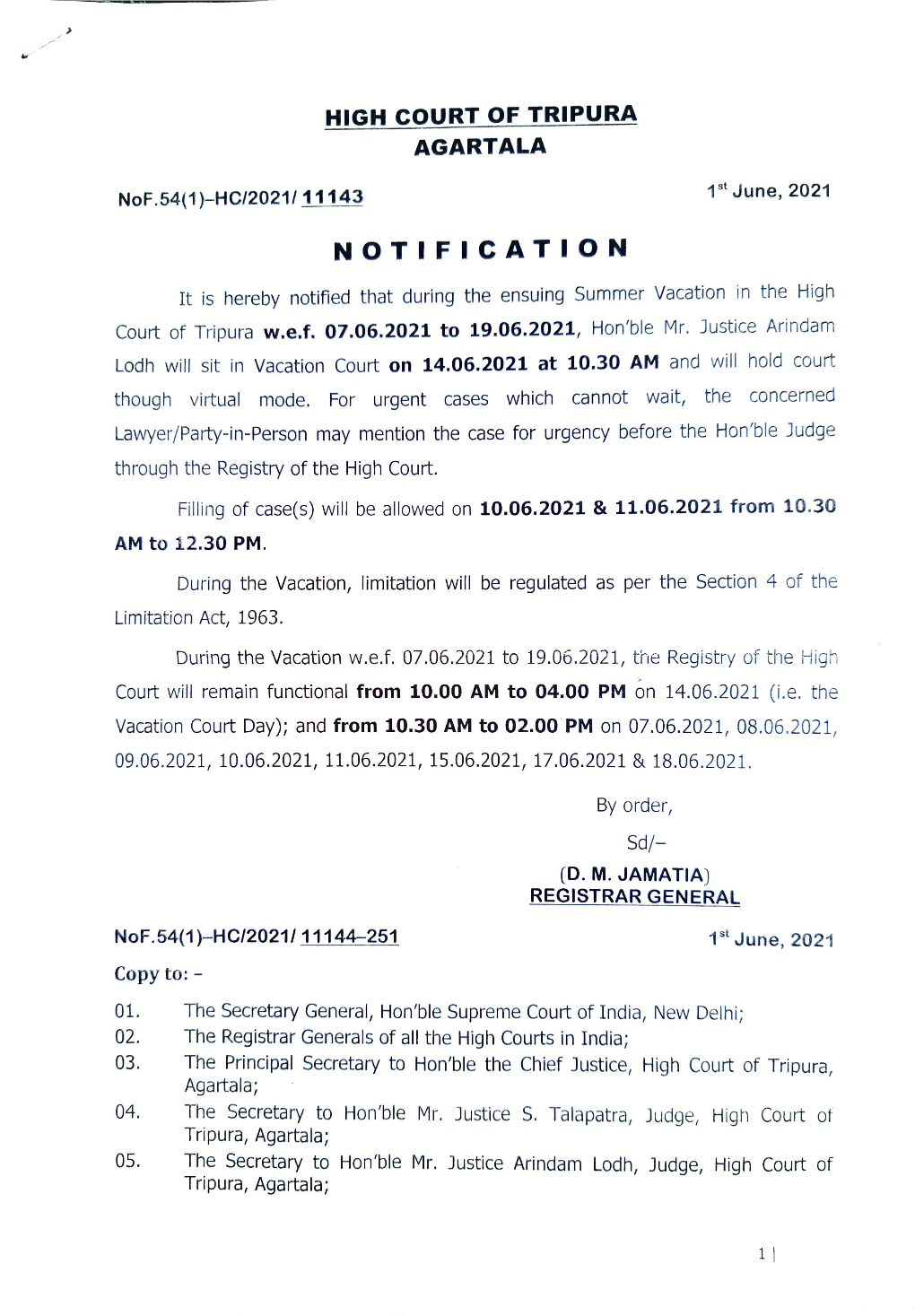 Nof.54(1)-HC/2021/11144-251 1St June, 2021 Copy To: 01