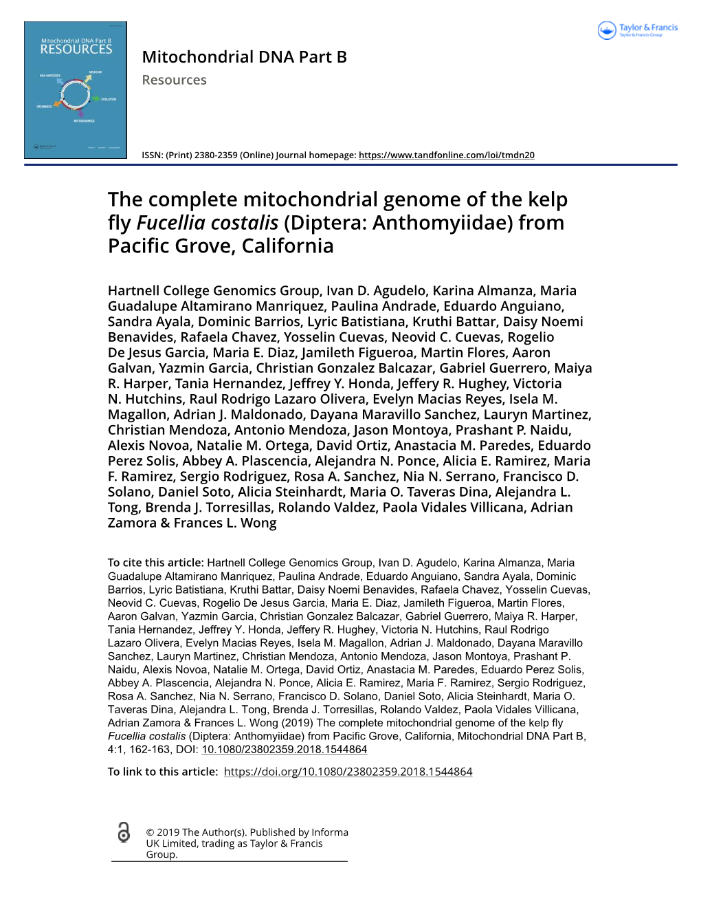 The Complete Mitochondrial Genome of the Kelp Fly Fucellia Costalis (Diptera: Anthomyiidae) from Pacific Grove, California