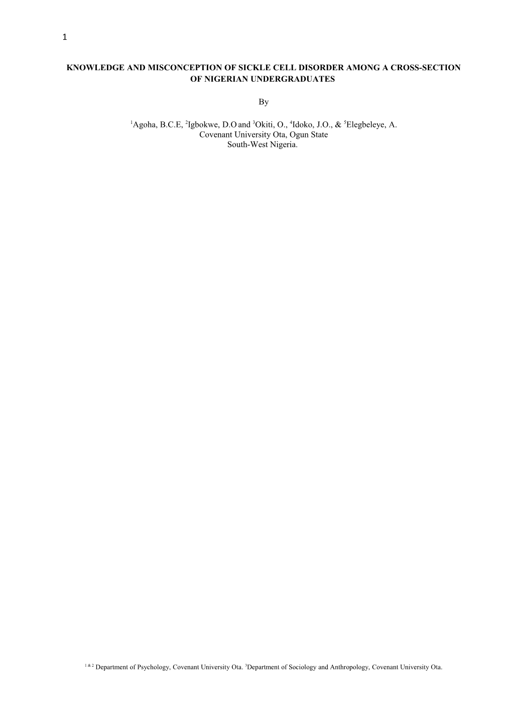 Knowledge and Misconception of Sickle Cell Disorder Among a Cross-Section of Nigerian