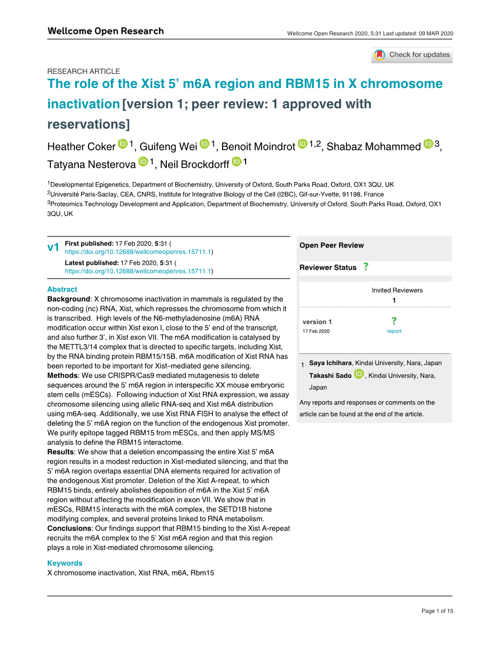 The Role of the Xist 5' M6a Region and RBM15 in X Chromosome