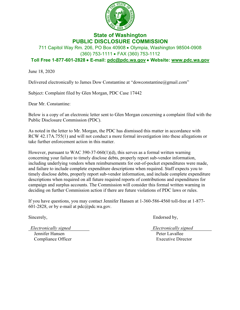 State of Washington PUBLIC DISCLOSURE COMMISSION 711 Capitol Way Rm