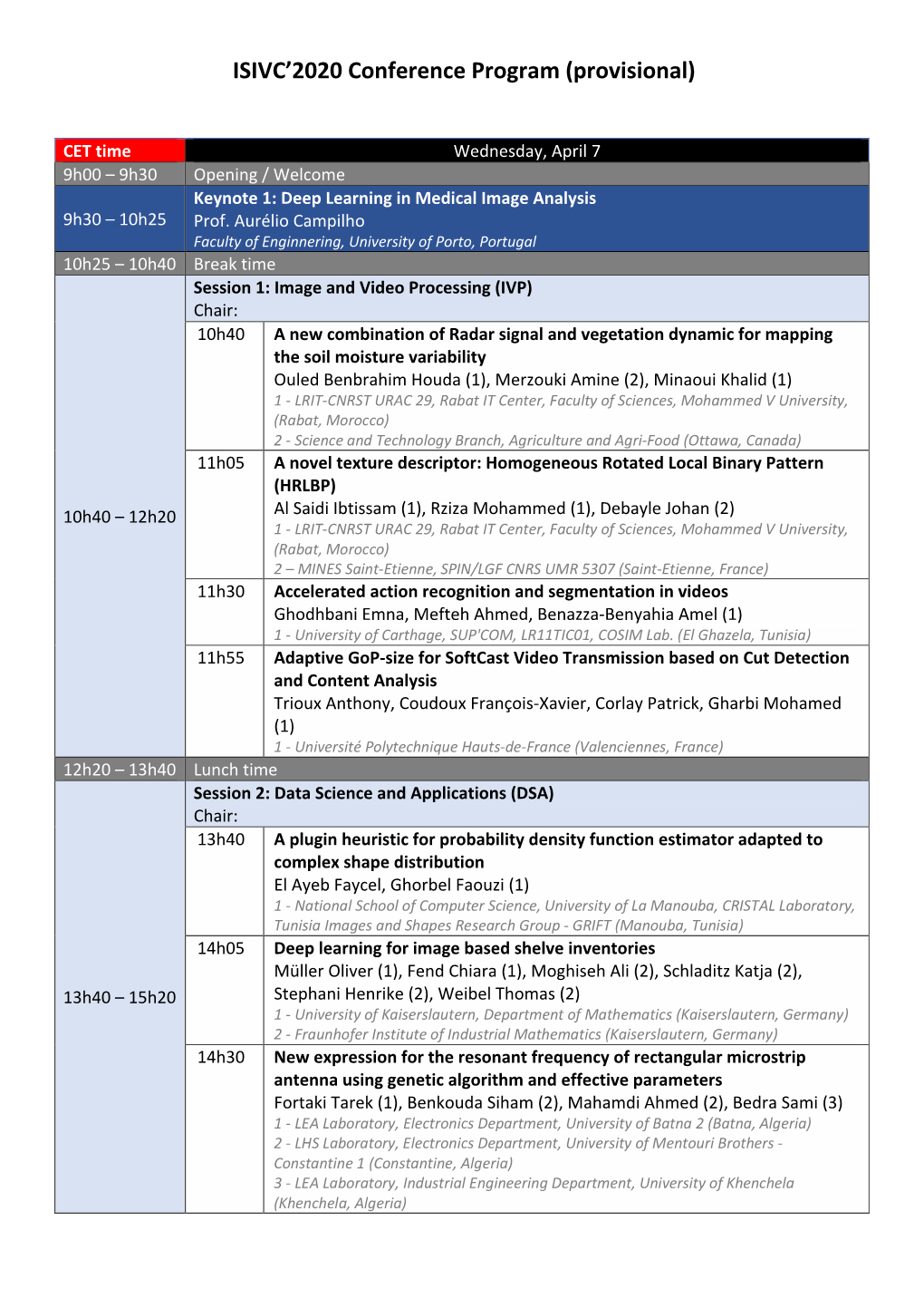 ISIVC'2020 Conference Program (Provisional)
