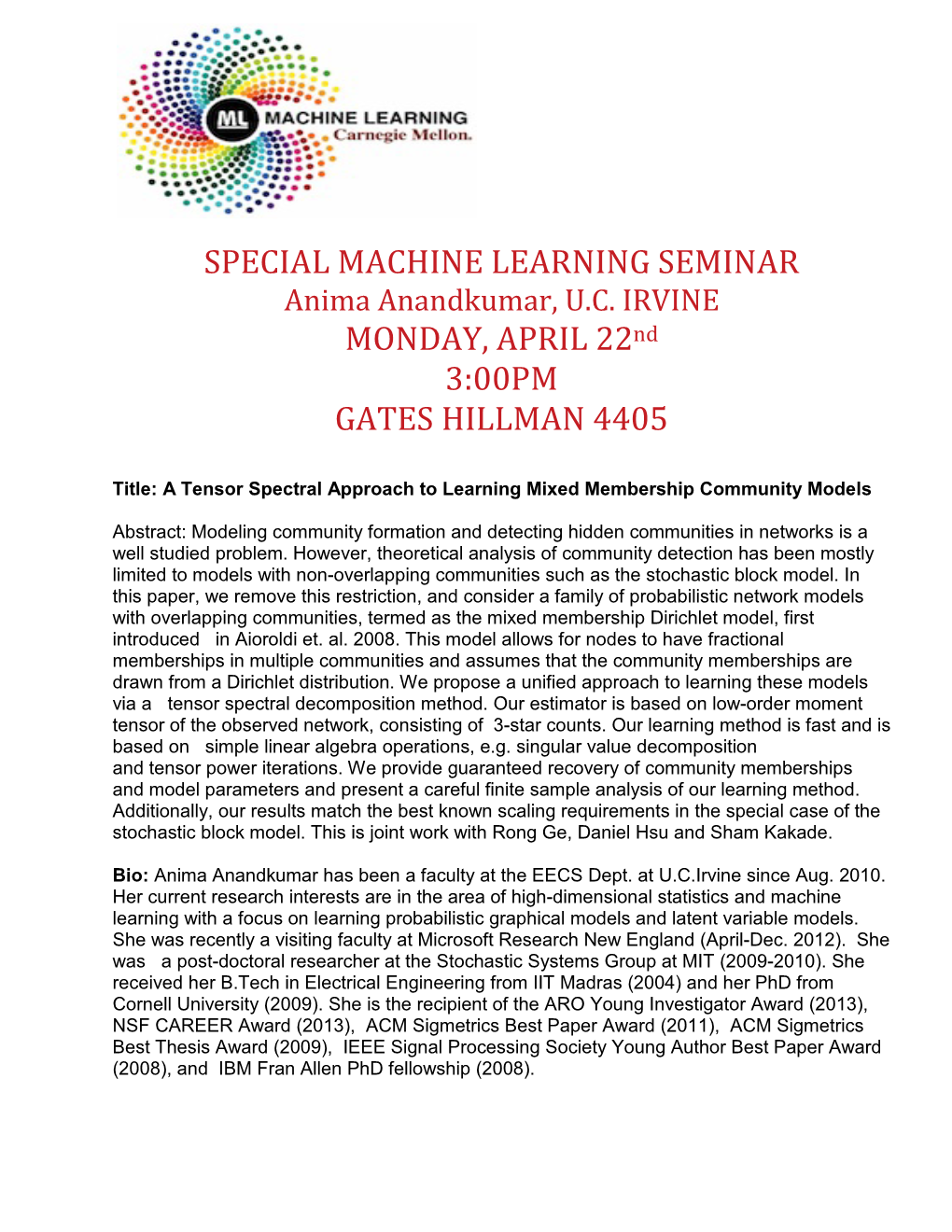 SPECIAL MACHINE LEARNING SEMINAR MONDAY, APRIL 22Nd 3