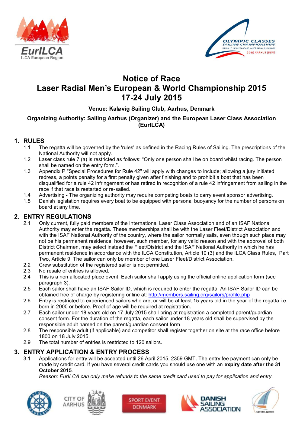 Notice of Race Laser Radial Men's European & World