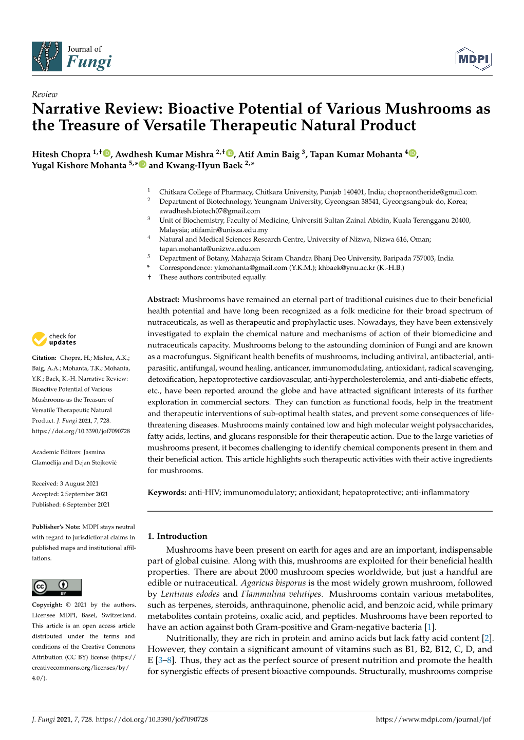 Narrative Review: Bioactive Potential of Various Mushrooms As the Treasure of Versatile Therapeutic Natural Product