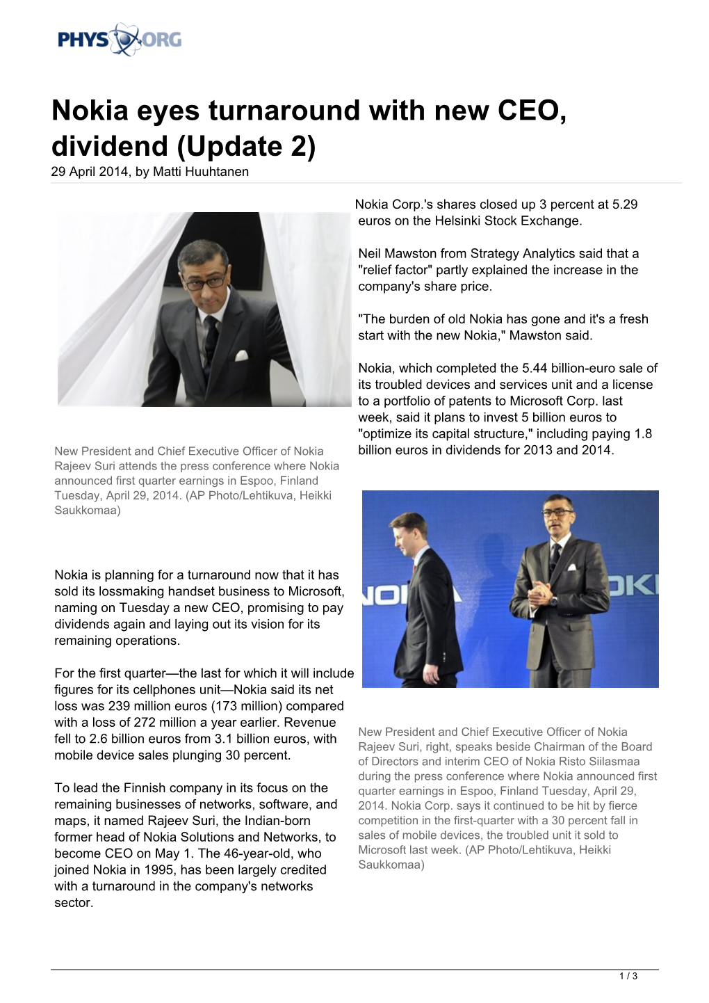 Nokia Eyes Turnaround with New CEO, Dividend (Update 2) 29 April 2014, by Matti Huuhtanen