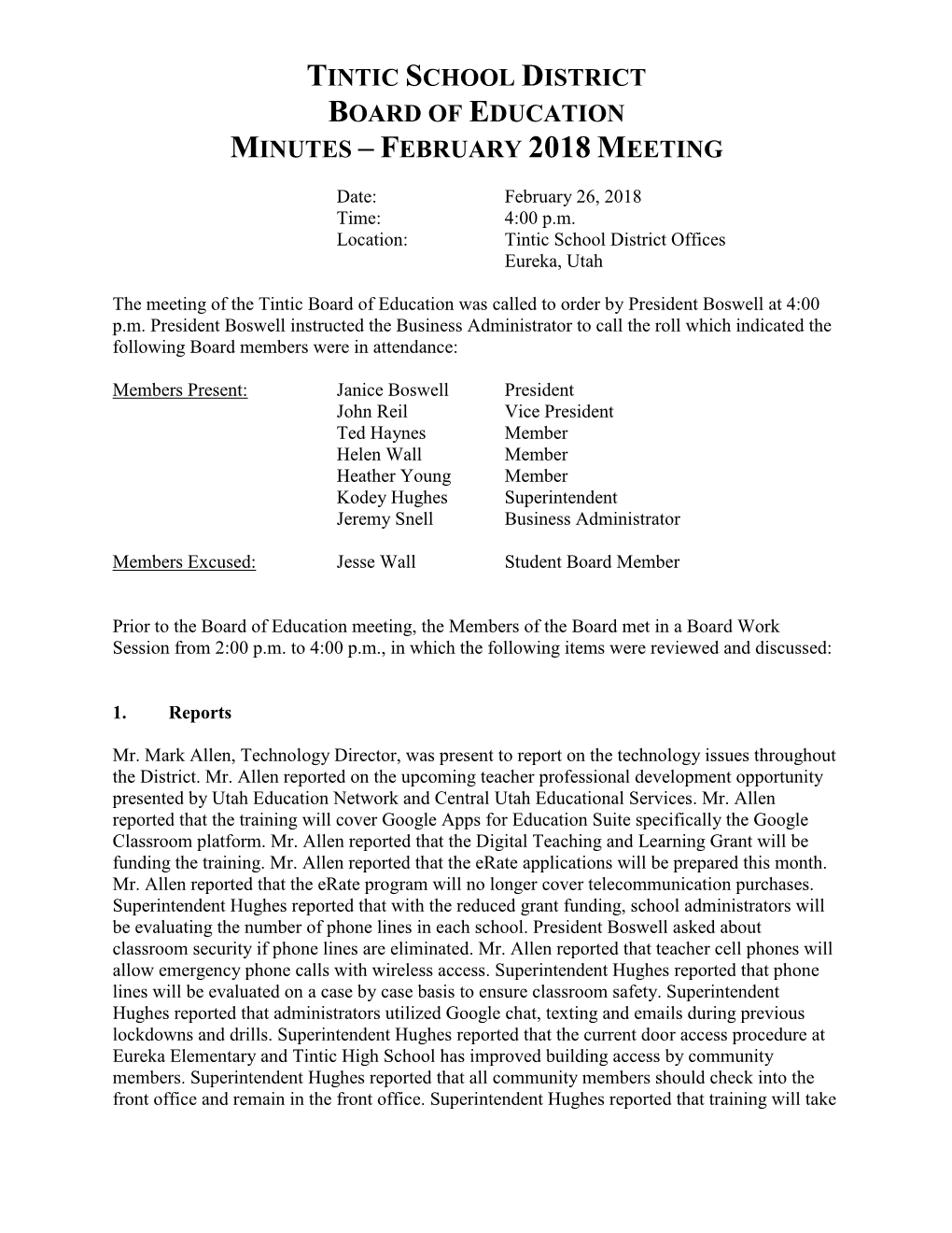 Tintic School District Board of Education Minutes – February 2018 Meeting