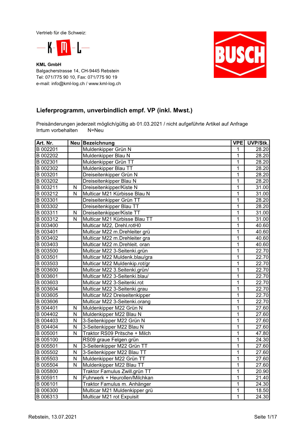 Busch AM Verkaufspreisliste 2021