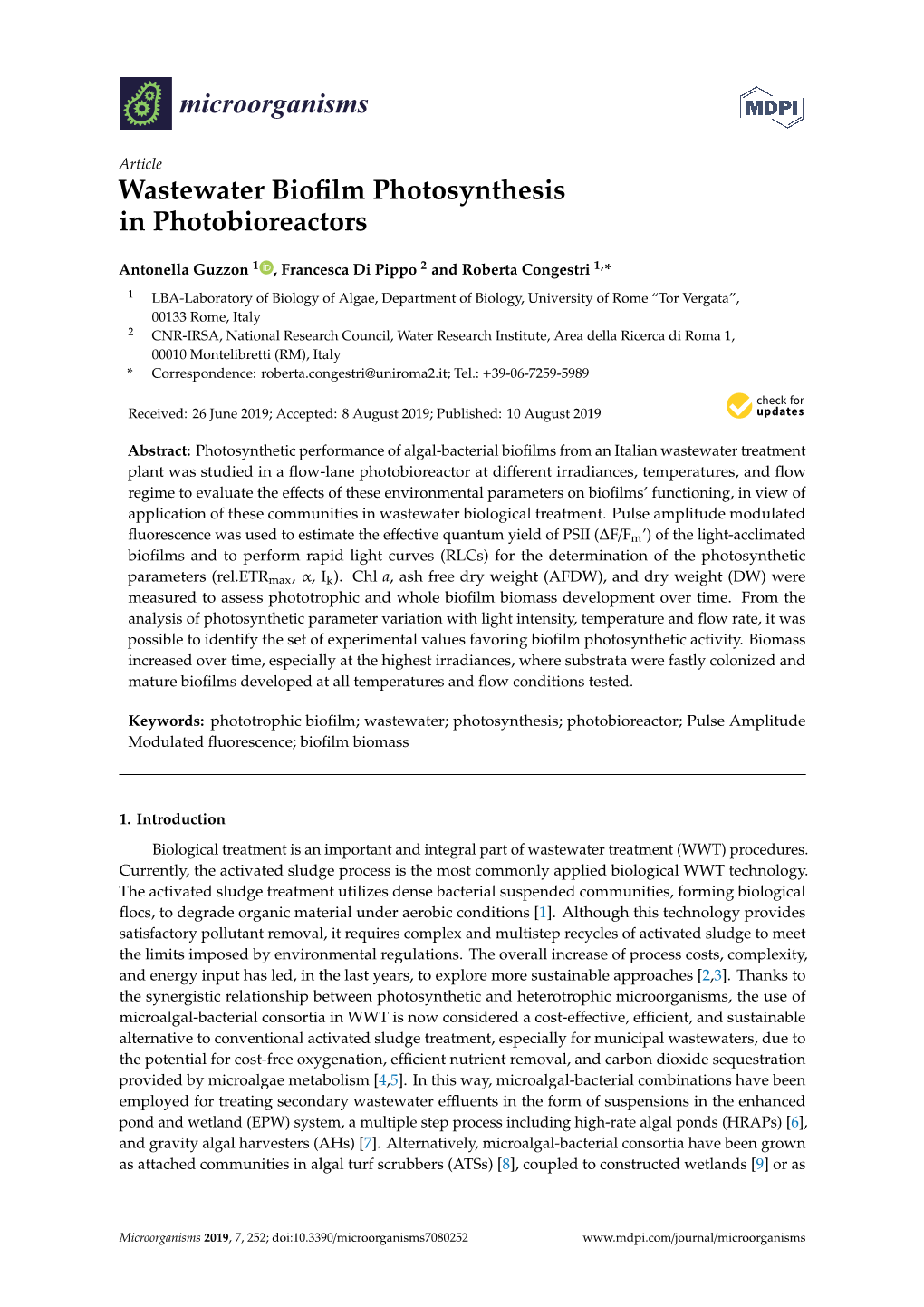 Wastewater Biofilm Photosynthesis in Photobioreactors