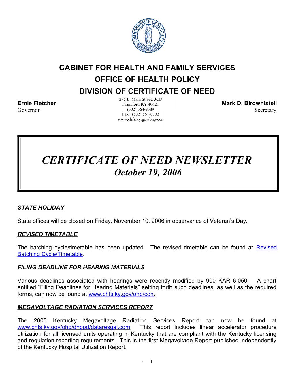 Certificate of Need Newsletter s1