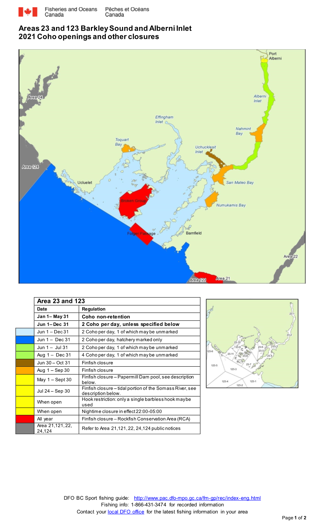 Areas 23 and 123 Barkley Sound and Alberni Inlet 2021 Coho Openings and Other Closures