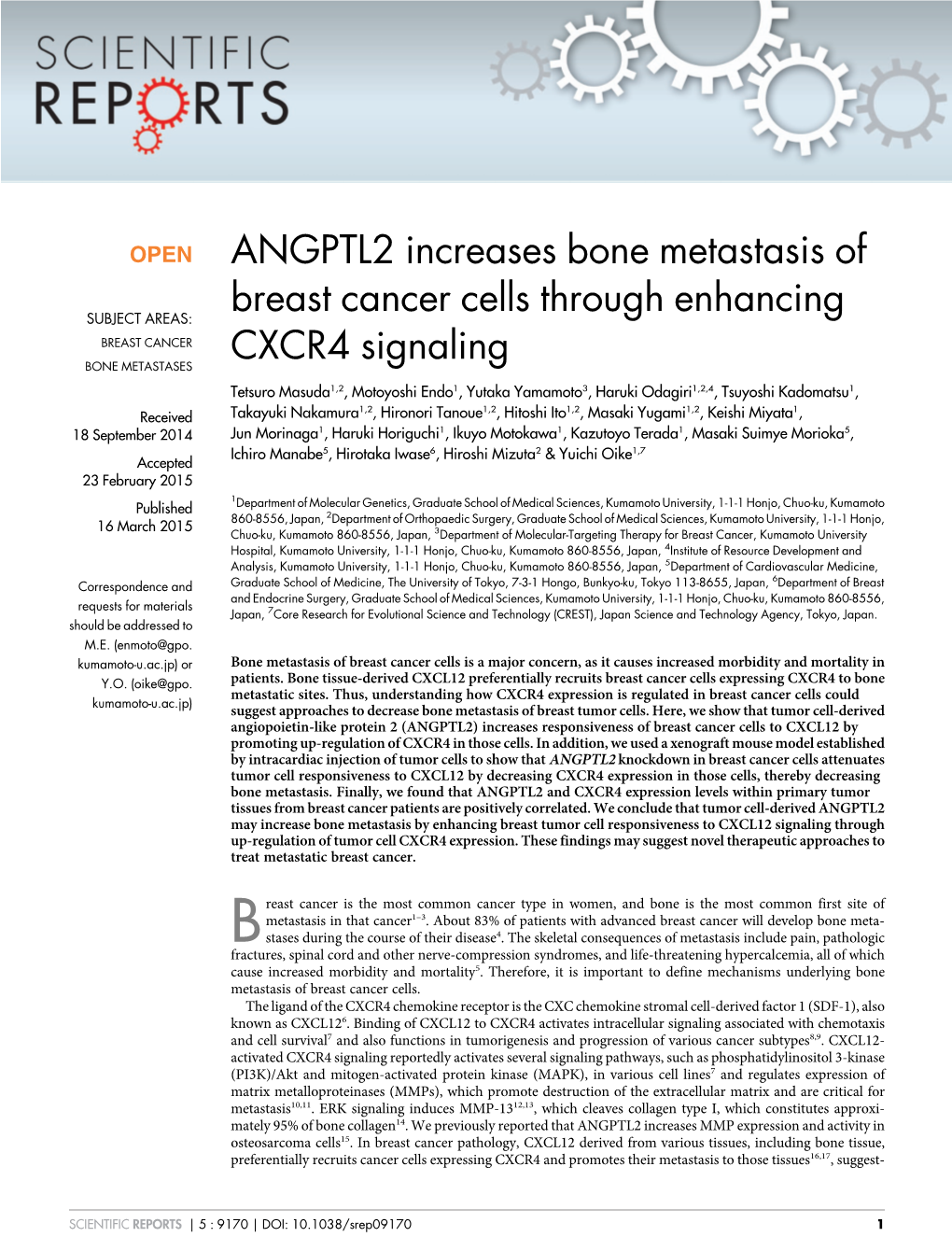 ANGPTL2 Increases Bone Metastasis of Breast Cancer Cells Through Enhancing CXCR4 Signaling