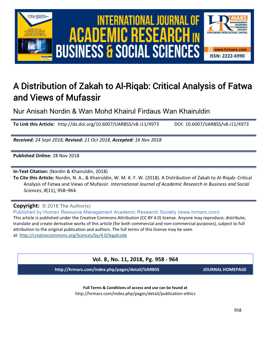 A Distribution of Zakah to Al-Riqab: Critical Analysis of Fatwa and Views of Mufassir