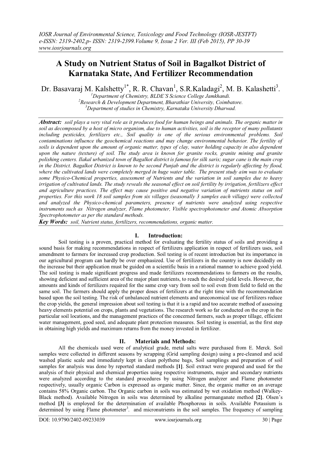 A Study on Nutrient Status of Soil in Bagalkot District of Karnataka State, and Fertilizer Recommendation