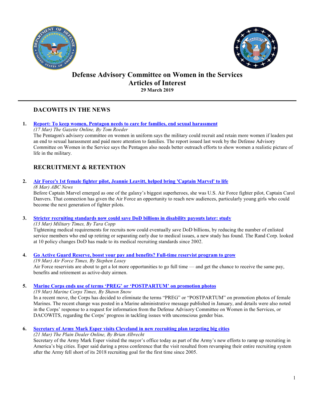 Defense Advisory Committee on Women in the Services Articles of Interest 29 March 2019