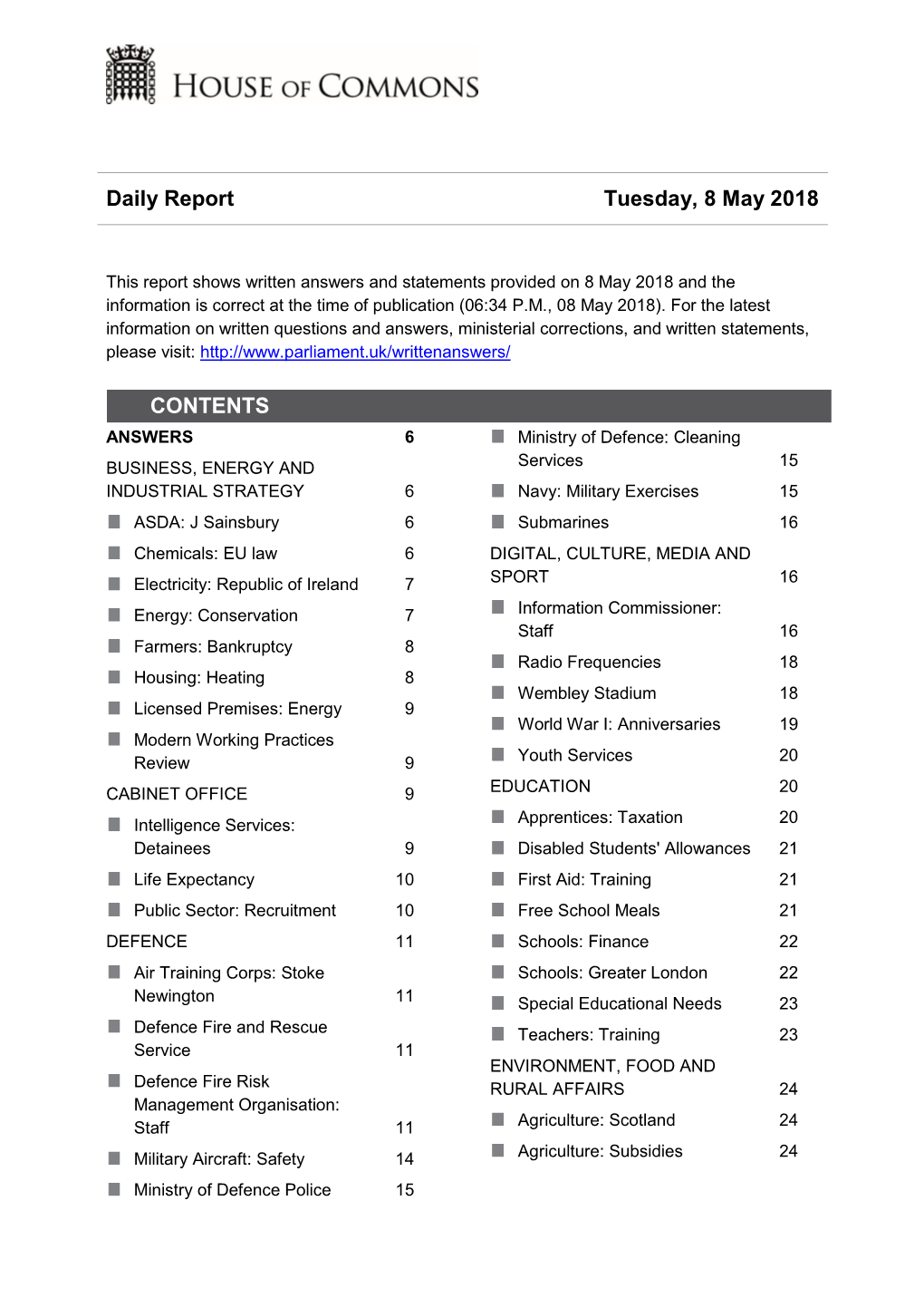Daily Report Tuesday, 8 May 2018 CONTENTS