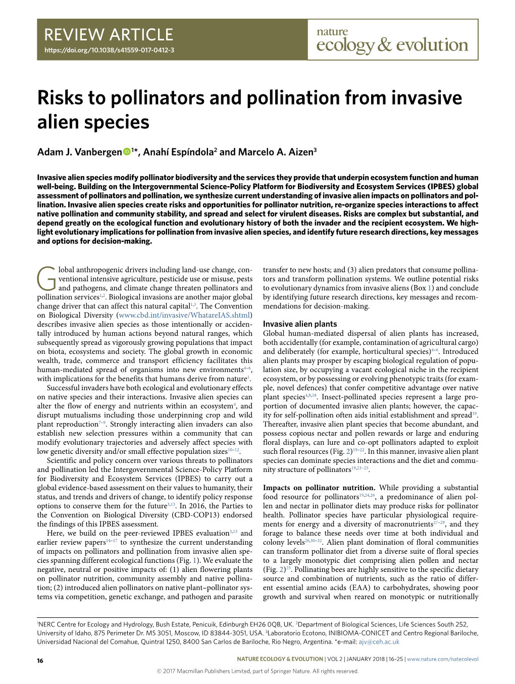 Risks to Pollinators and Pollination from Invasive Alien Species