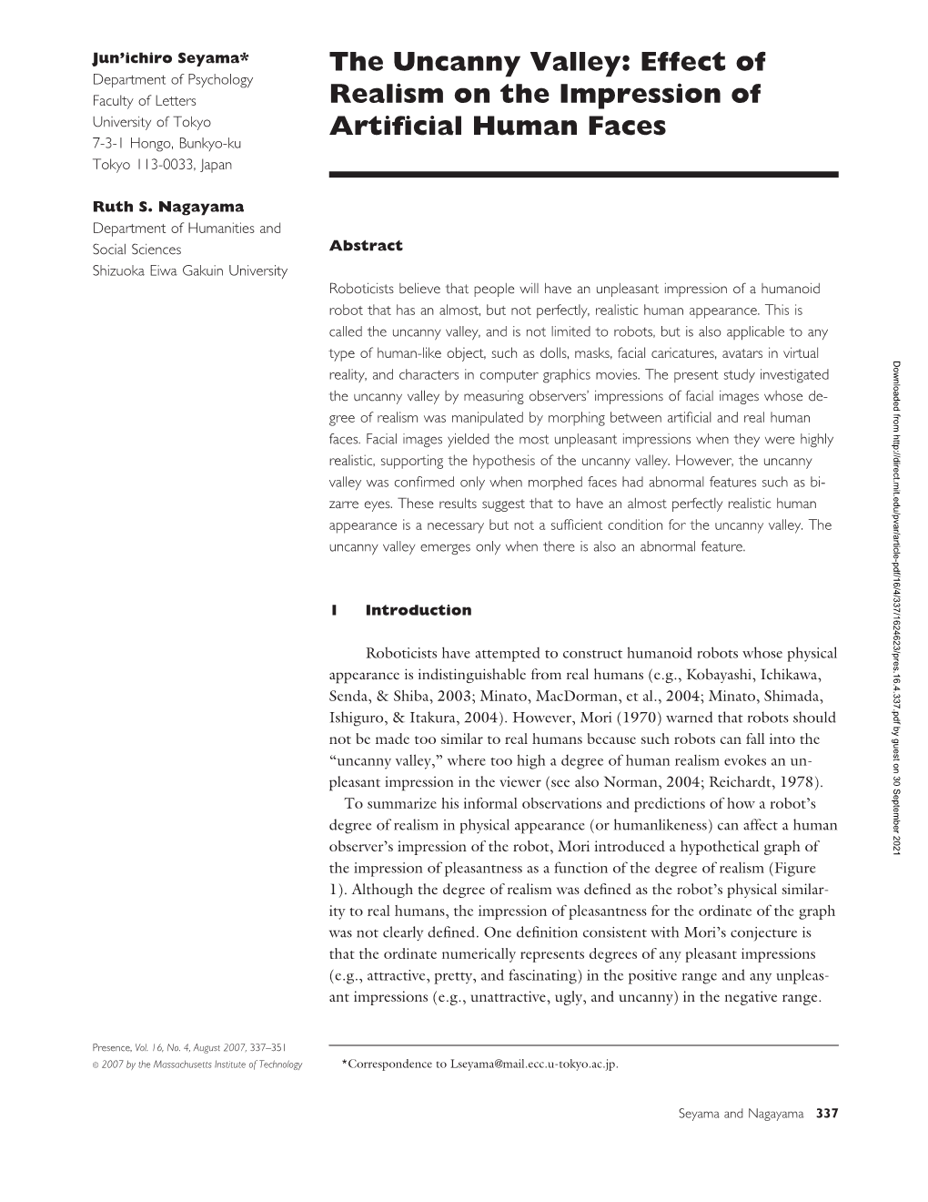 The Uncanny Valley: Effect of Realism on the Impression of Artificial Human Faces