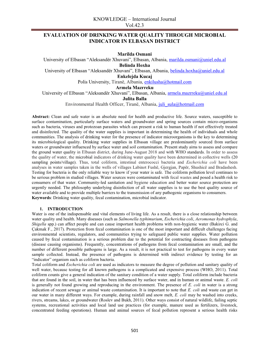 International Journal Vol.42.3 EVALUATION of DRINKING WATER QUALITY THROUGH MICROBIAL INDICATOR in ELBASAN DISTRICT