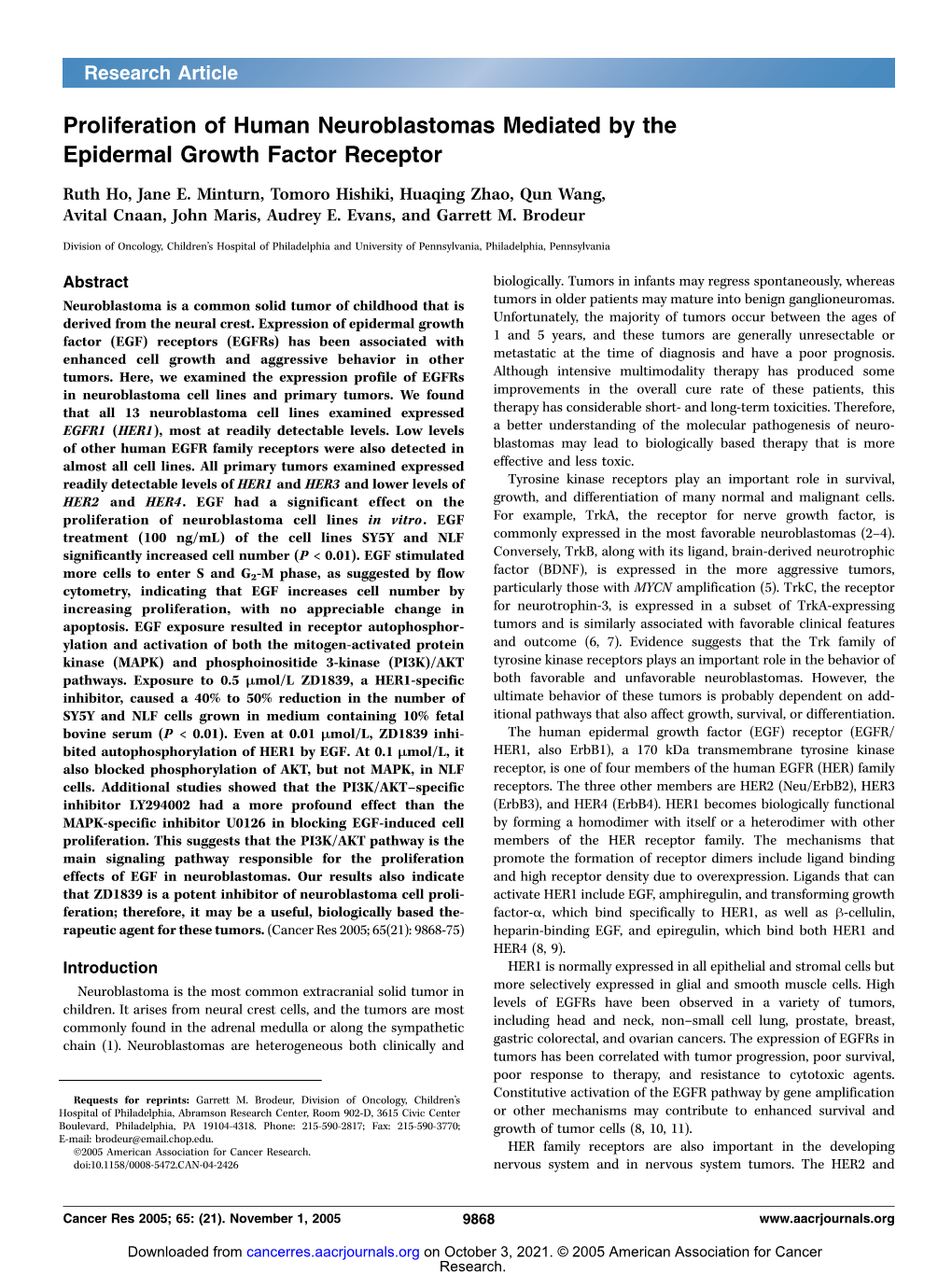 Proliferation of Human Neuroblastomas Mediated by the Epidermal Growth Factor Receptor