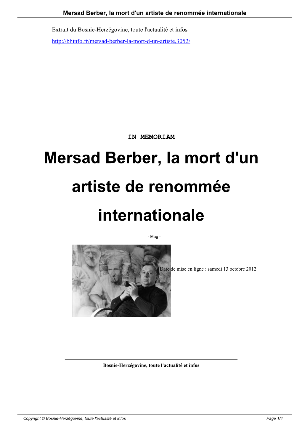 Mersad Berber, La Mort D'un Artiste De Renommée Internationale