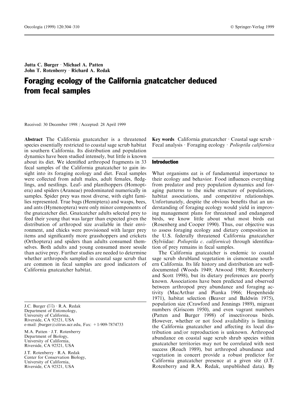 Foraging Ecology of the California Gnatcatcher Deduced from Fecal Samples