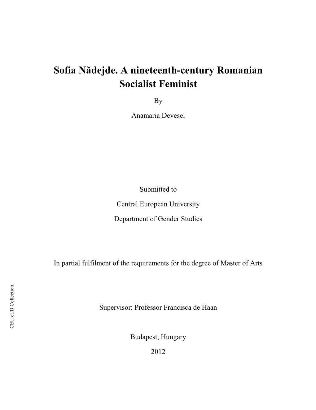 Sofia Nădejde. a Nineteenth-Century Romanian Socialist Feminist