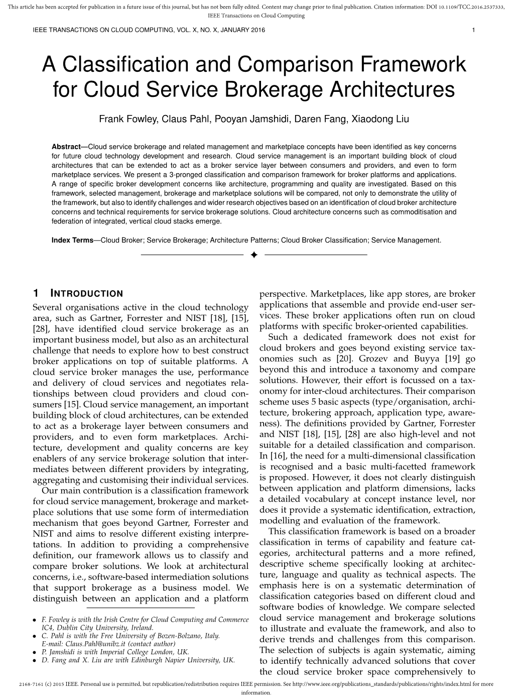 A Classification and Comparison Framework for Cloud Service Brokerage Architectures